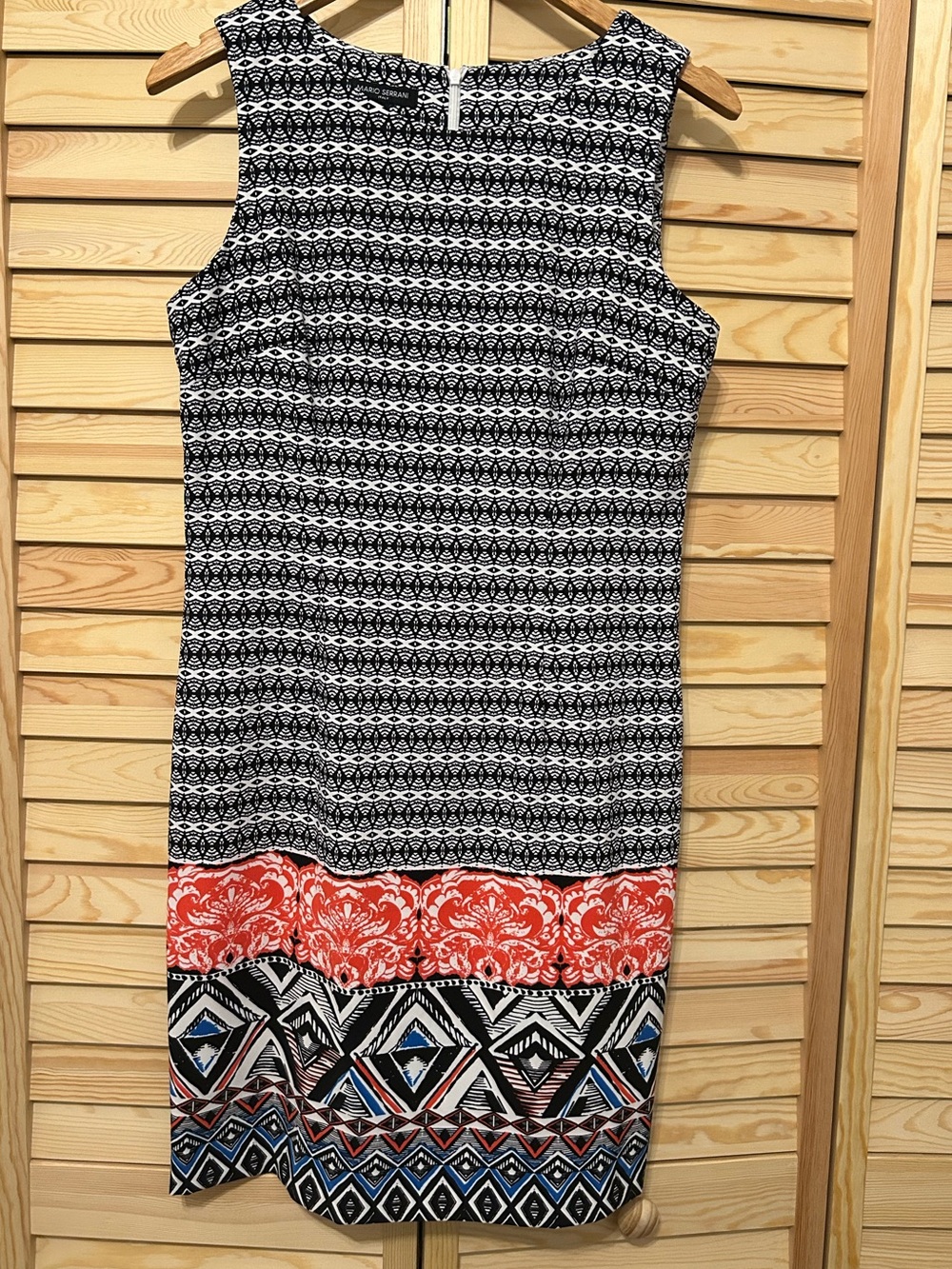 Mario Serrani Black Printed Midi Dress with Coral and Blue Hem